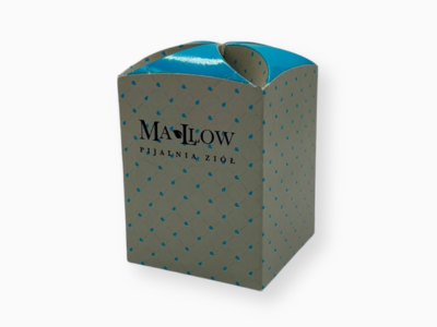 Opakowanie na zioła. Nadruk: 2 kolory, folia matowa, lakier UV wybiórczo. Surowiec: GC2 300g